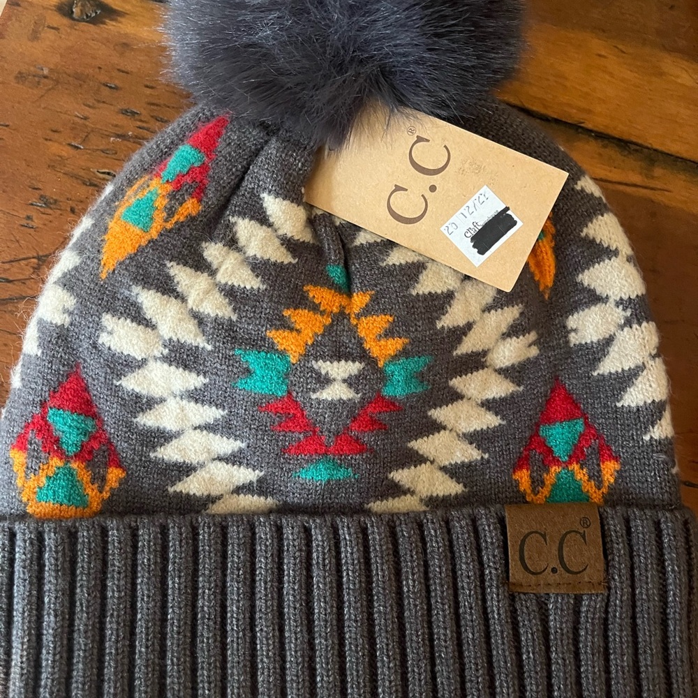 C.C Geometric Pom Pom Beanie - Gray and Multicolor